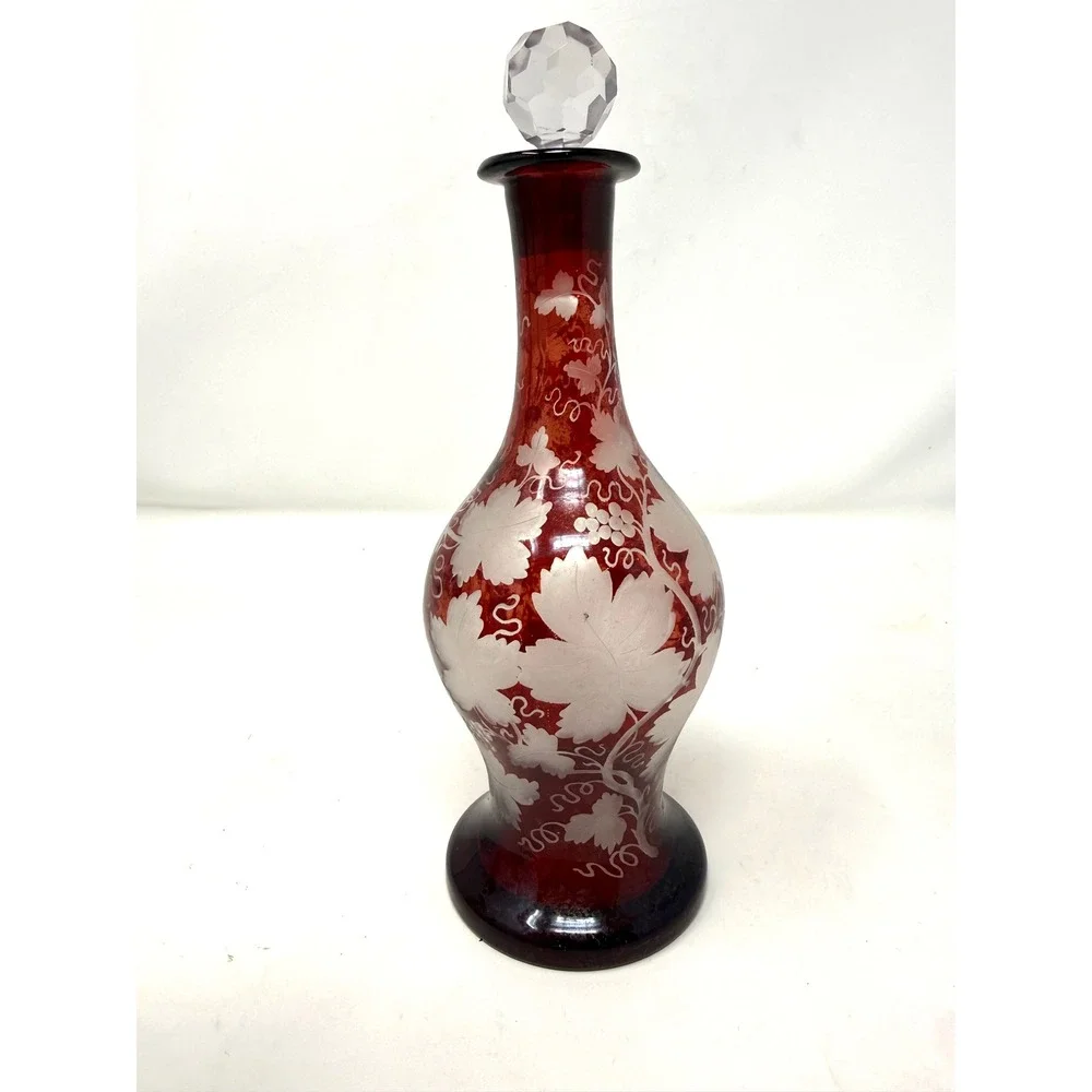 Vintage Bohemian Ruby Red Flashed Glass Decanter Etched Grape Vine Stopper